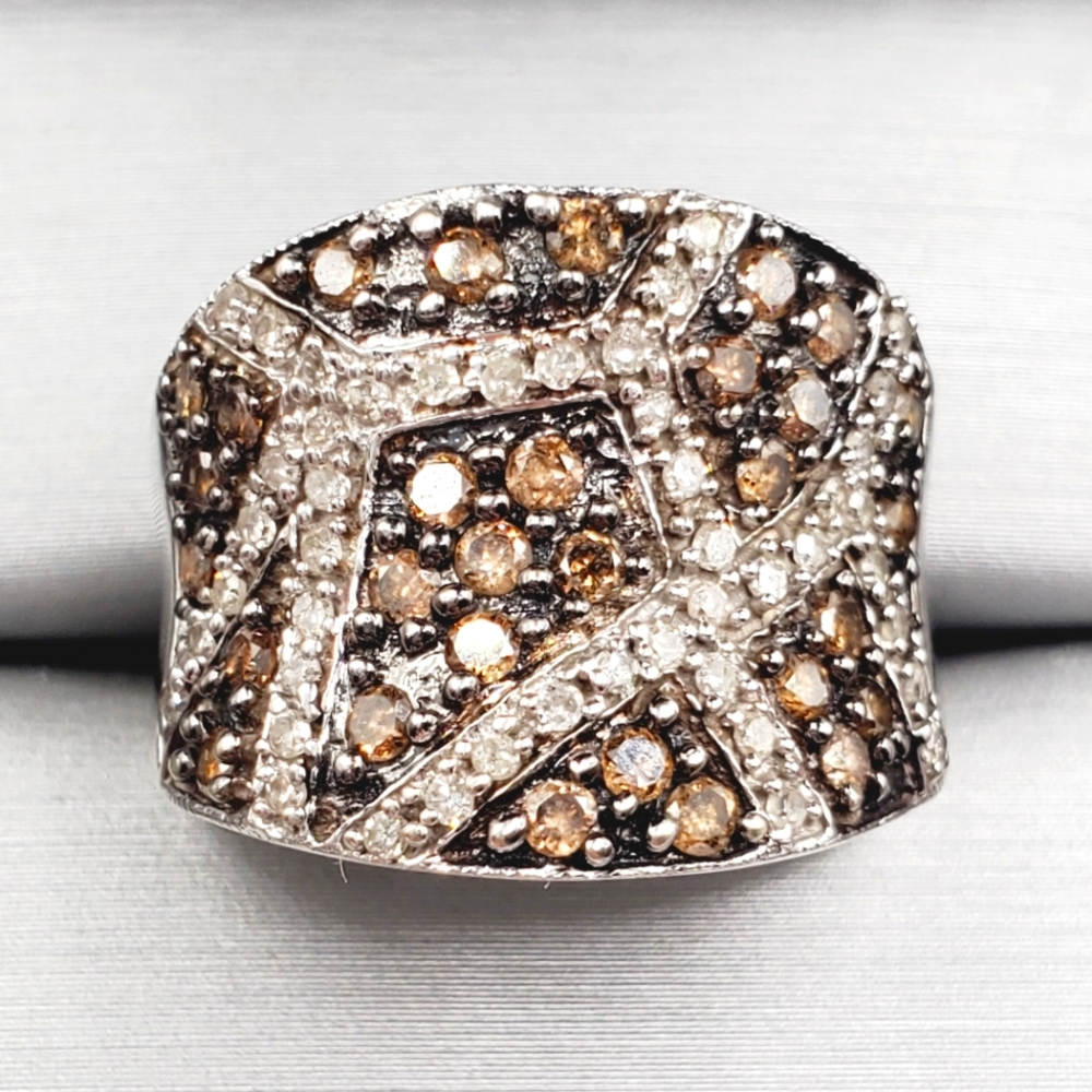 10k Solid White Gold Genuine Chocolate & White Diamond Animal Giraffe Print Ring